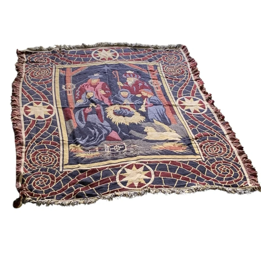 Nativity Scene Tapestry Knit Fringe Trim Throw Blanket Holiday Christmas